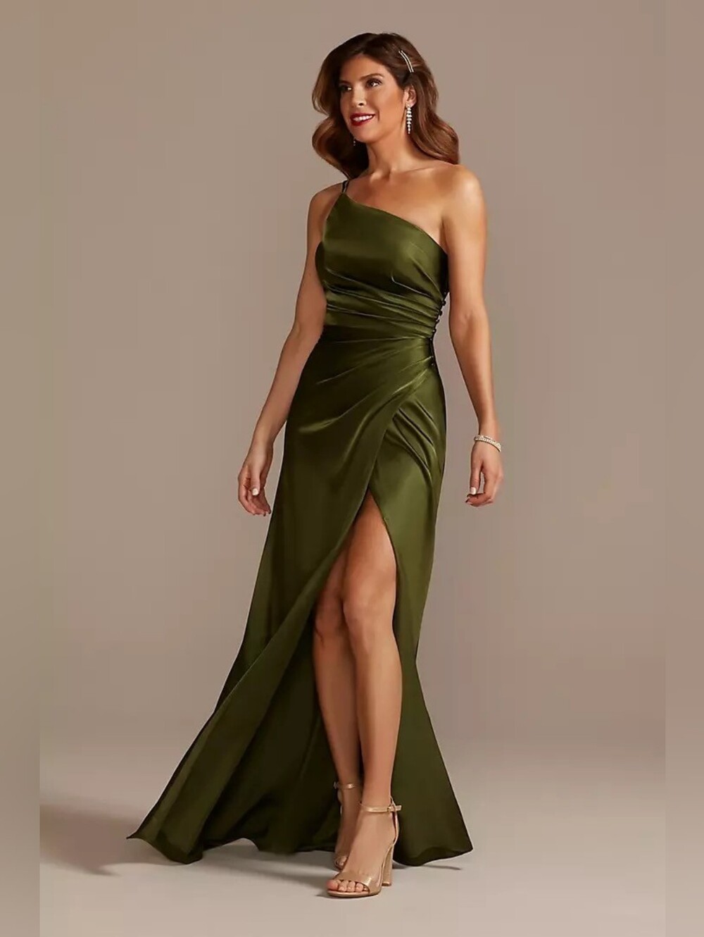 Galina Signature Olive Green Draped One-Shoulder Satin Evening Gown Dress 16